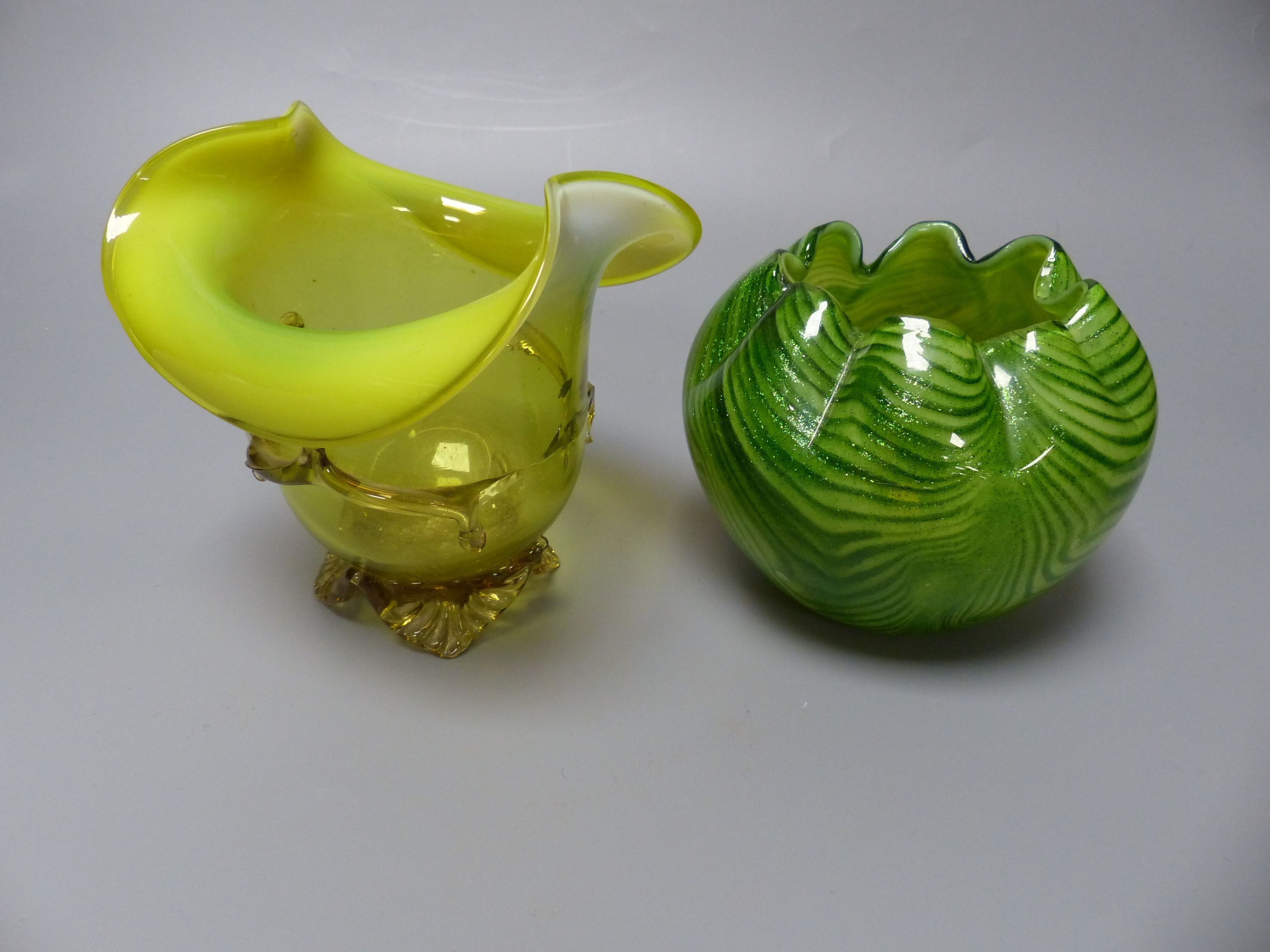 A green aventurine glass bowl and a Victorian style vaseline bowl, tallest 13.5cm